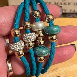 Turquoise Blue Bracelet with gold, rhinestone and Shimmery beading